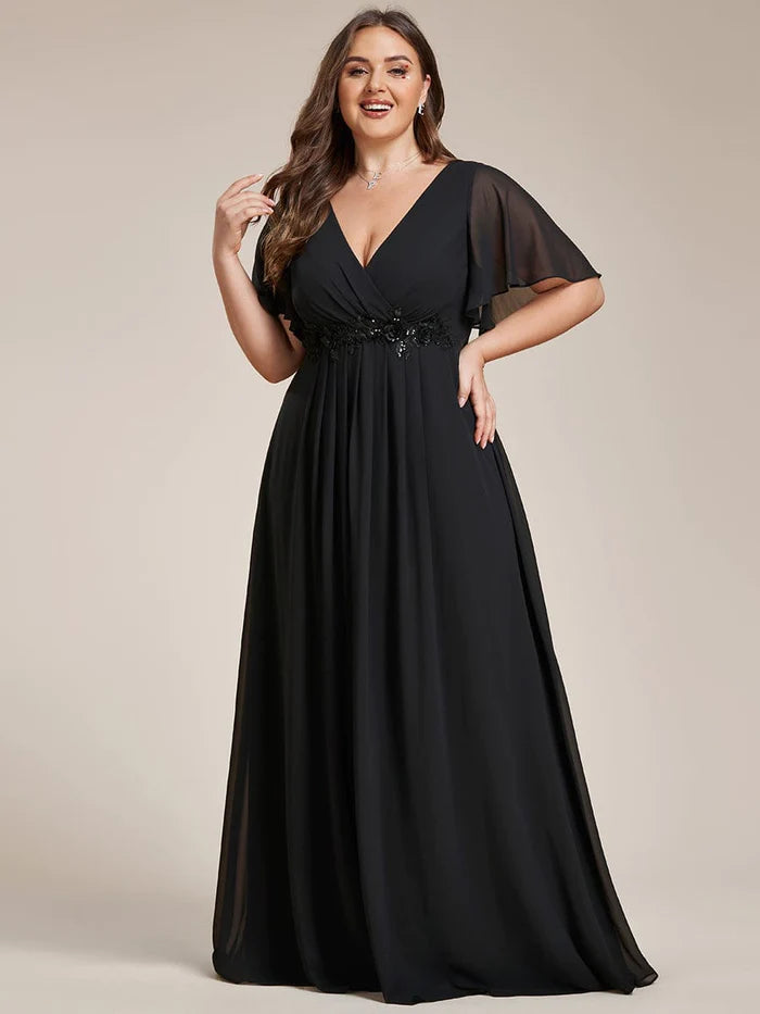 A-Linien-Abendkleid aus Chiffon mit Blumenapplikationen und kurzen Ärmeln in Übergröße 