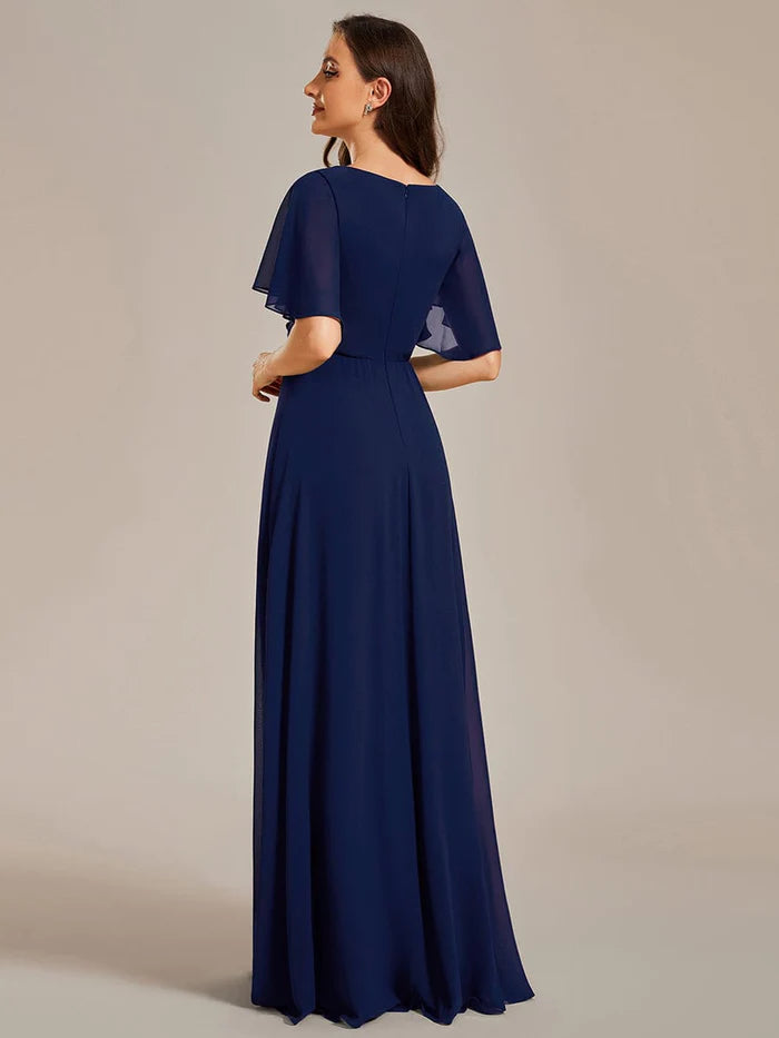 A-Linie Chiffon Maxi Abendkleid mit Rüschenärmeln und Applikationen an der Taille 