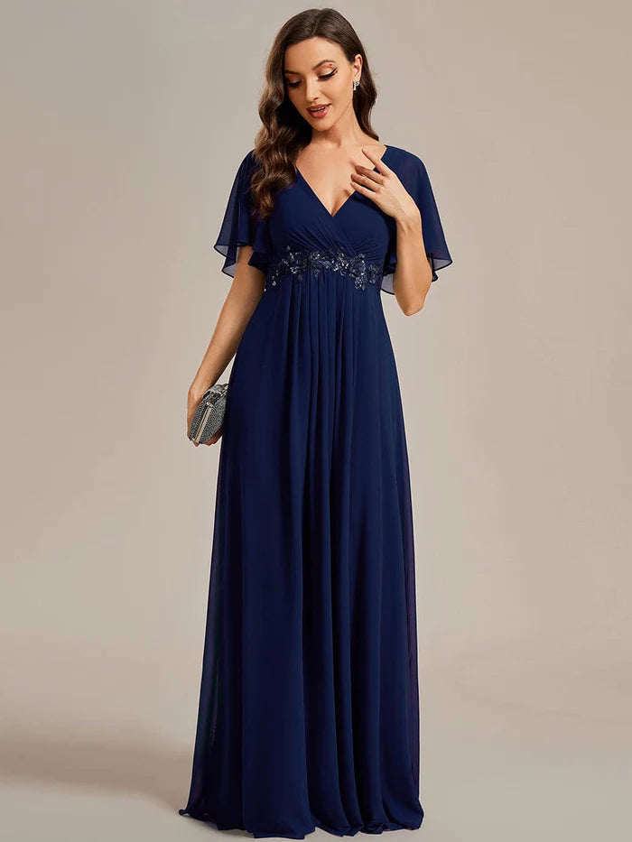 A-Linie Chiffon Maxi Abendkleid mit Rüschenärmeln und Applikationen an der Taille 