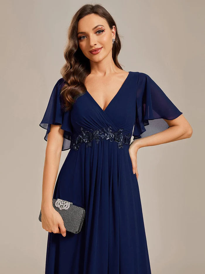 A-Linie Chiffon Maxi Abendkleid mit Rüschenärmeln und Applikationen an der Taille 