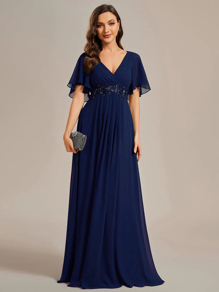 A-Linie Chiffon Maxi Abendkleid mit Rüschenärmeln und Applikationen an der Taille 