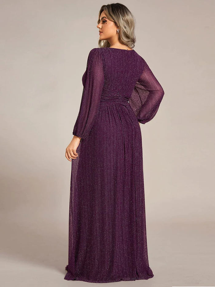 Übergröße, schillerndes, durchsichtiges Abendkleid in A-Linie mit Empire-Taille und langen Ärmeln 