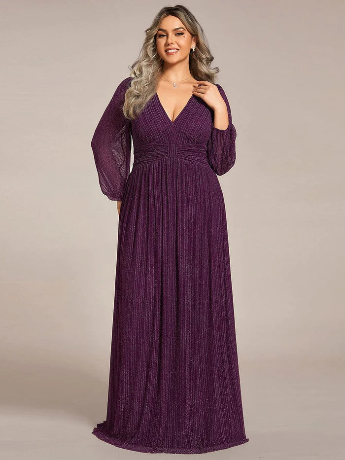 Übergröße, schillerndes, durchsichtiges Abendkleid in A-Linie mit Empire-Taille und langen Ärmeln 