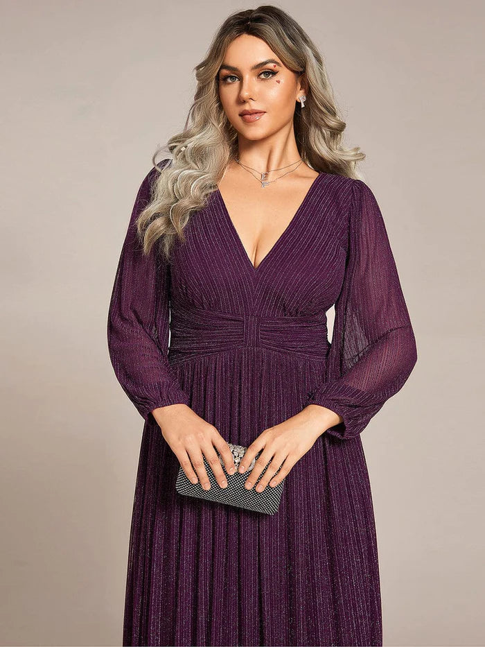 Übergröße, schillerndes, durchsichtiges Abendkleid in A-Linie mit Empire-Taille und langen Ärmeln 