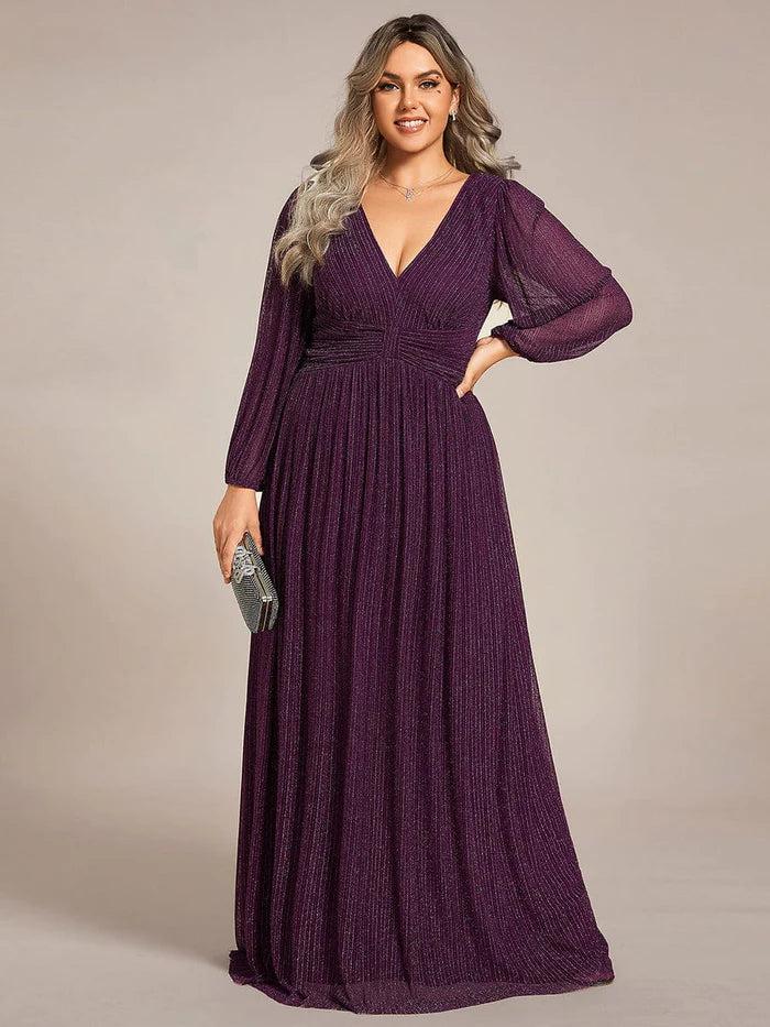 Übergröße, schillerndes, durchsichtiges Abendkleid in A-Linie mit Empire-Taille und langen Ärmeln 