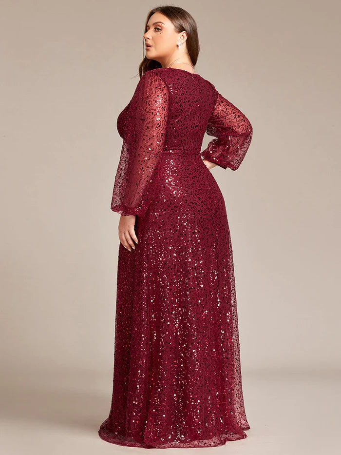 Abendkleid in A-Linie mit V-Ausschnitt, Laterne und langen Ärmeln und Pailletten in Übergröße