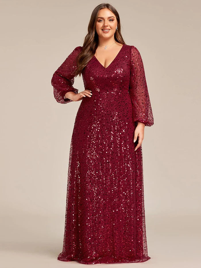 Abendkleid in A-Linie mit V-Ausschnitt, Laterne und langen Ärmeln und Pailletten in Übergröße
