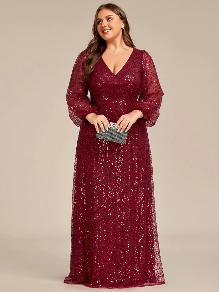 Abendkleid in A-Linie mit V-Ausschnitt, Laterne und langen Ärmeln und Pailletten in Übergröße