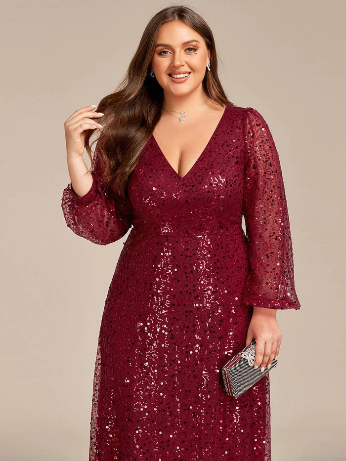 Abendkleid in A-Linie mit V-Ausschnitt, Laterne und langen Ärmeln und Pailletten in Übergröße