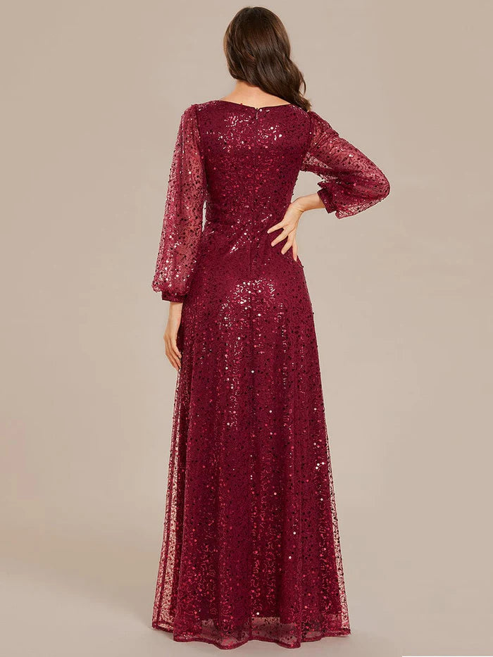 Robe de soirée trapèze scintillante à col en V et manches longues lanternes à sequins 
