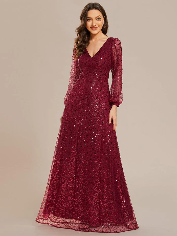 Robe de soirée trapèze scintillante à col en V et manches longues lanternes à sequins 