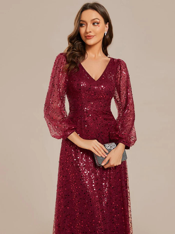 Robe de soirée trapèze scintillante à col en V et manches longues lanternes à sequins 