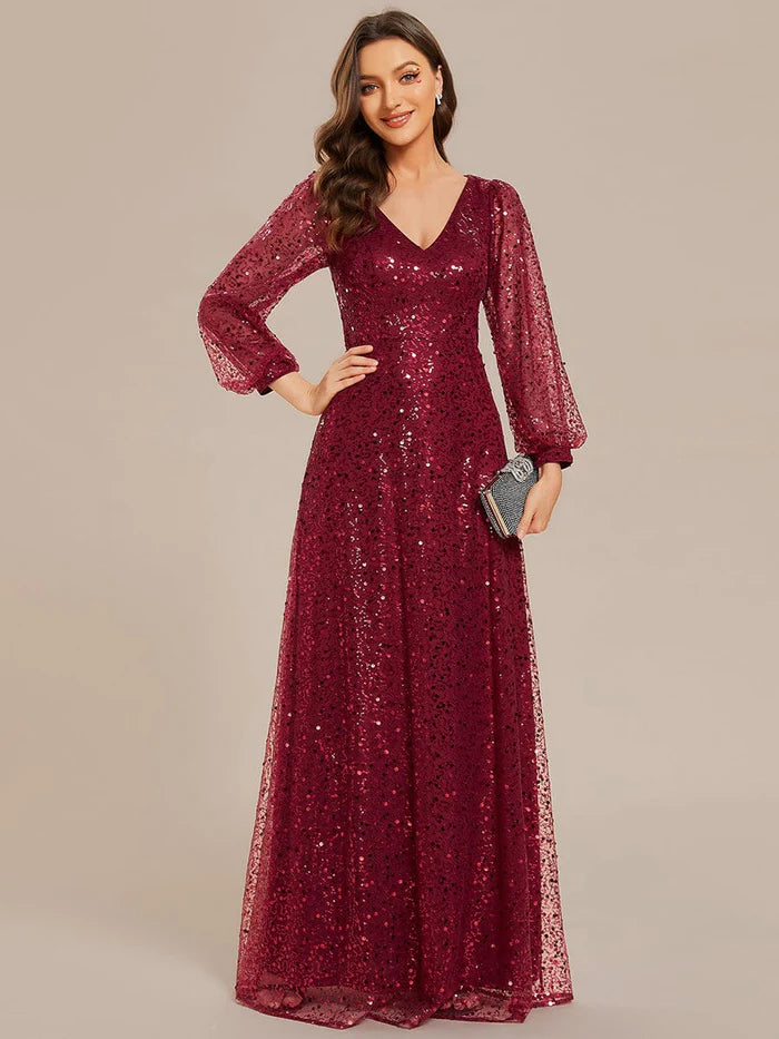 Robe de soirée trapèze scintillante à col en V et manches longues lanternes à sequins 