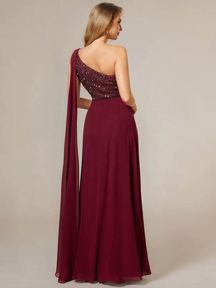 Ärmelloses A-Linien-Abendkleid aus Chiffon mit glänzendem Pailletten-Oberteil und einer Schulter 