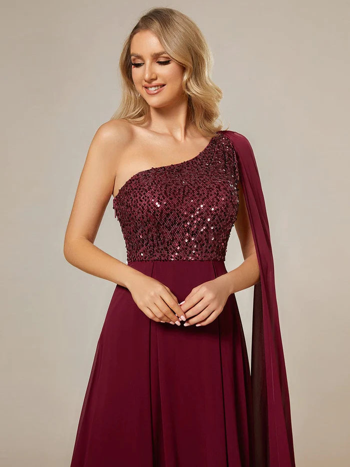 Ärmelloses A-Linien-Abendkleid aus Chiffon mit glänzendem Pailletten-Oberteil und einer Schulter 