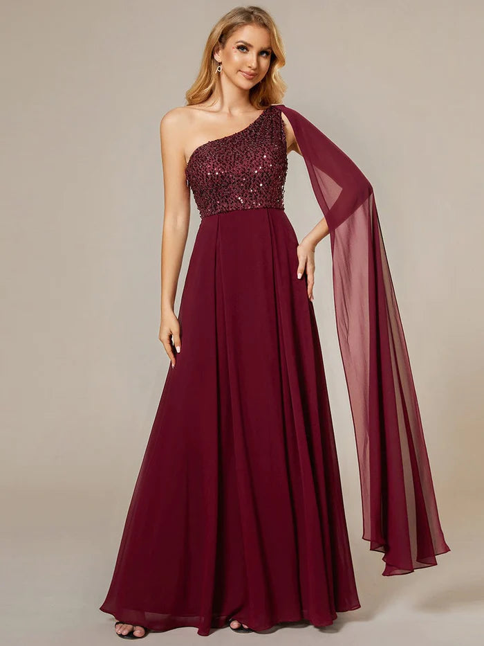 Ärmelloses A-Linien-Abendkleid aus Chiffon mit glänzendem Pailletten-Oberteil und einer Schulter 