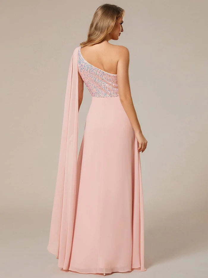 Ärmelloses A-Linien-Abendkleid aus Chiffon mit glänzendem Pailletten-Oberteil und einer Schulter 