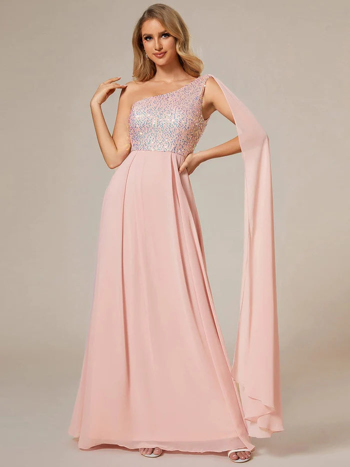 Ärmelloses A-Linien-Abendkleid aus Chiffon mit glänzendem Pailletten-Oberteil und einer Schulter 