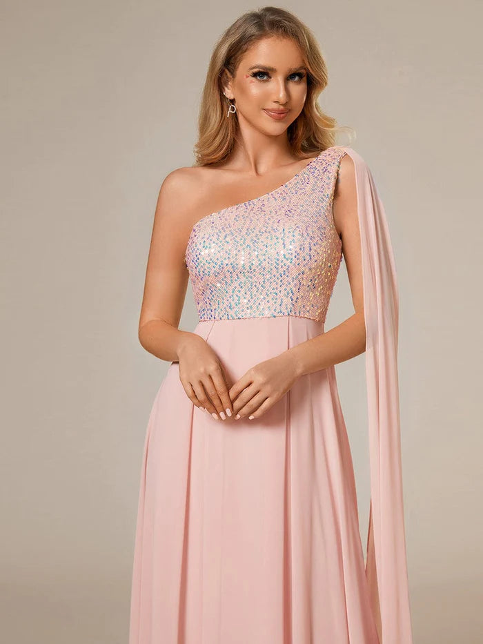 Ärmelloses A-Linien-Abendkleid aus Chiffon mit glänzendem Pailletten-Oberteil und einer Schulter 