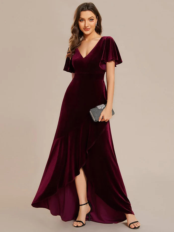 Double V-Neck Short Sleeves Stretchy Velvet Evening Dress with Lotus L – YiDiBang Dresses