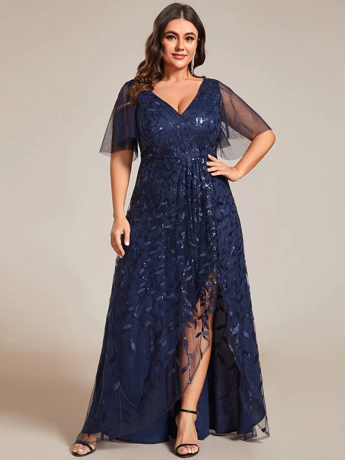 Plus Size Short Sleeves Sequin High Low V-Neck Midi Formal Evening Dress