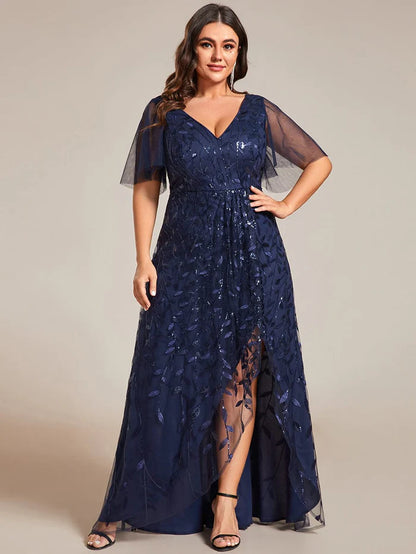 Plus Size Short Sleeves Sequin High Low V-Neck Midi Formal Evening Dress