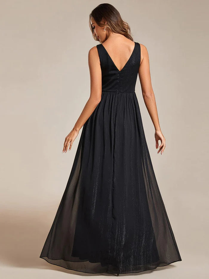 Robe de soirée trapèze pailletée, longueur au sol, col en V, sans manches 