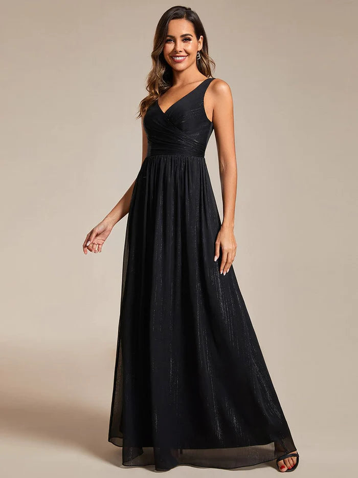 Robe de soirée trapèze pailletée, longueur au sol, col en V, sans manches 