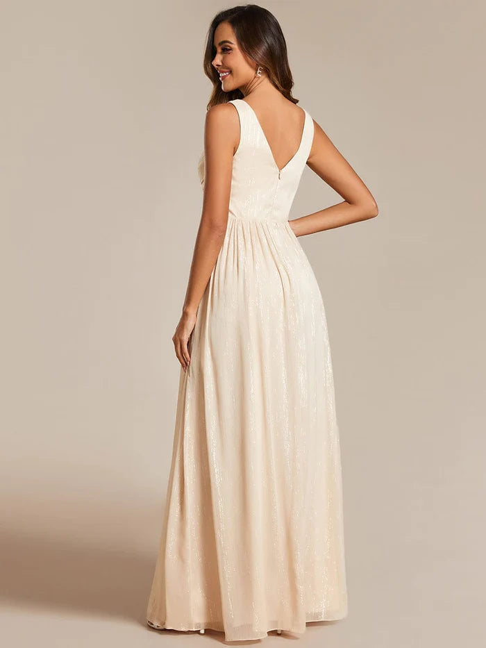 Robe de soirée trapèze pailletée, longueur au sol, col en V, sans manches 