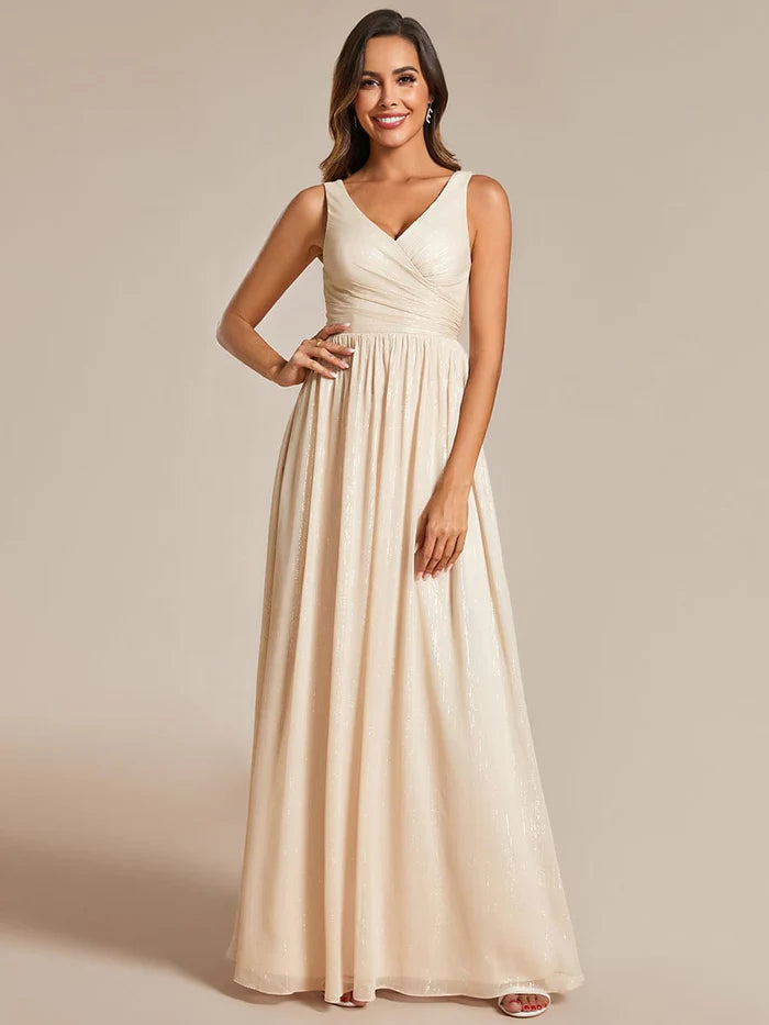 Robe de soirée trapèze pailletée, longueur au sol, col en V, sans manches 