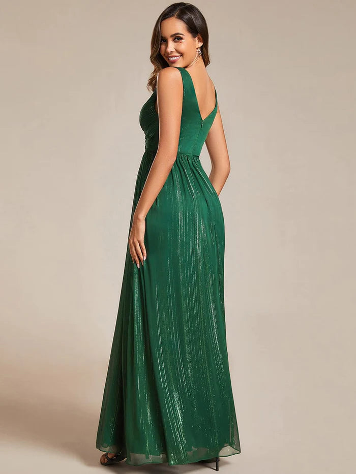 Robe de soirée trapèze pailletée, longueur au sol, col en V, sans manches 