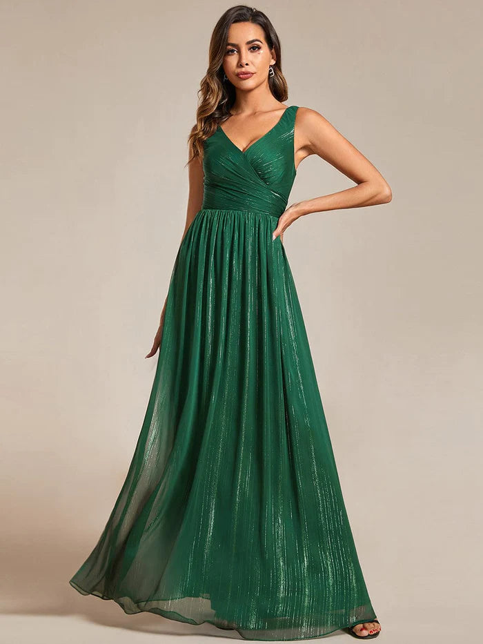 Robe de soirée trapèze pailletée, longueur au sol, col en V, sans manches 