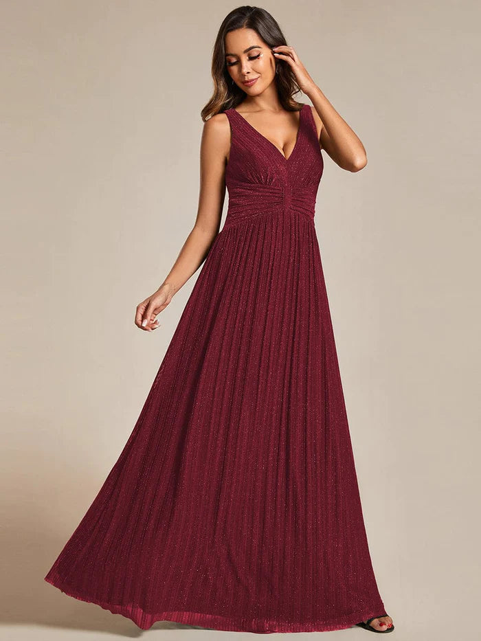 Glitzerndes, ärmelloses, plissiertes A-Linien-Abendkleid mit Empire-Taille