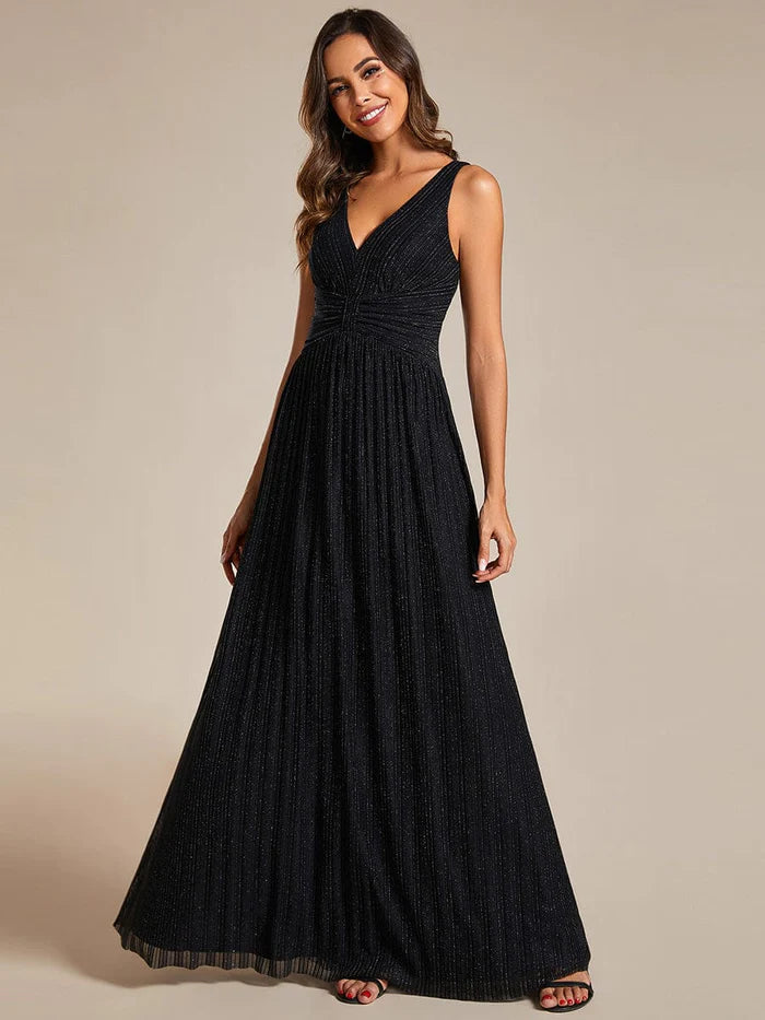 Glitzerndes, ärmelloses, plissiertes A-Linien-Abendkleid mit Empire-Taille