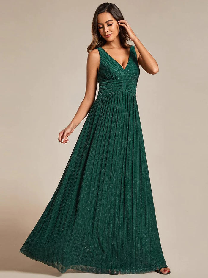 Glitzerndes, ärmelloses, plissiertes A-Linien-Abendkleid mit Empire-Taille