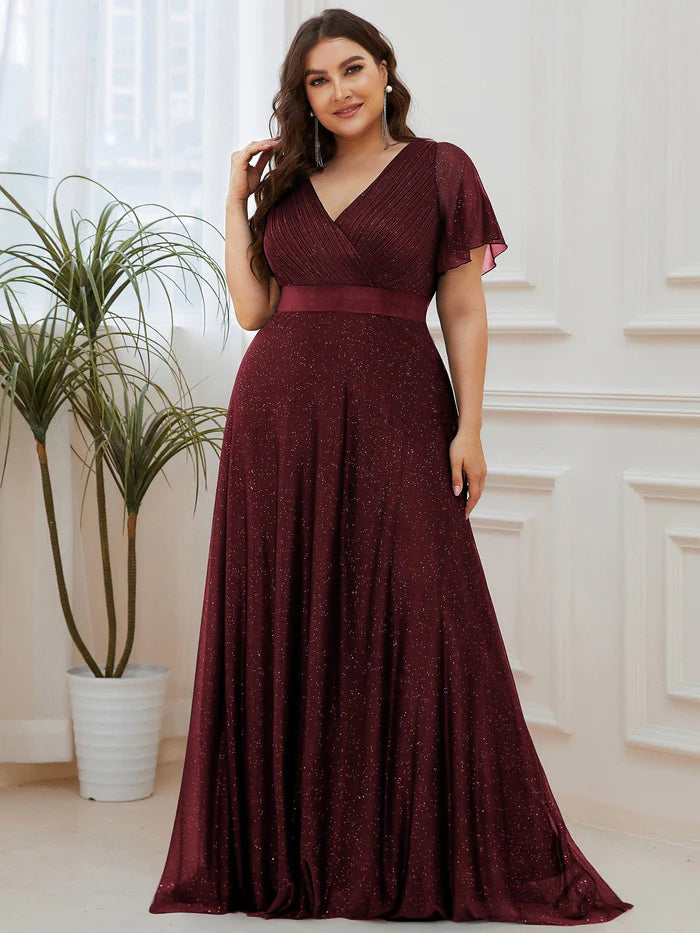 Formelles Abendkleid in Übergröße mit V-Ausschnitt, Schleife in der Taille und Ärmeln 