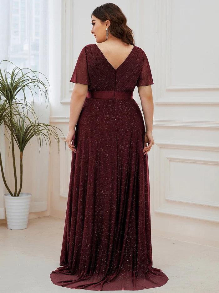 Formelles Abendkleid in Übergröße mit V-Ausschnitt, Schleife in der Taille und Ärmeln 