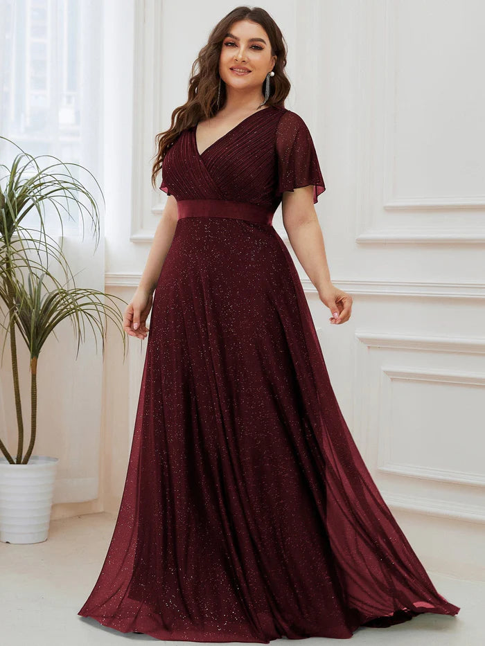 Formelles Abendkleid in Übergröße mit V-Ausschnitt, Schleife in der Taille und Ärmeln 
