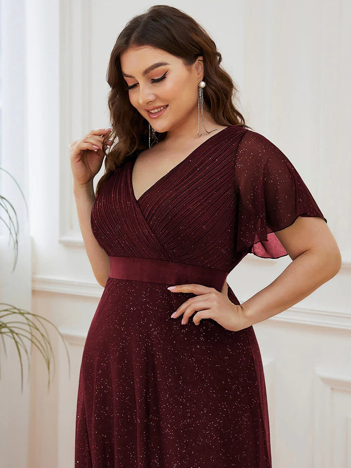 Formelles Abendkleid in Übergröße mit V-Ausschnitt, Schleife in der Taille und Ärmeln 