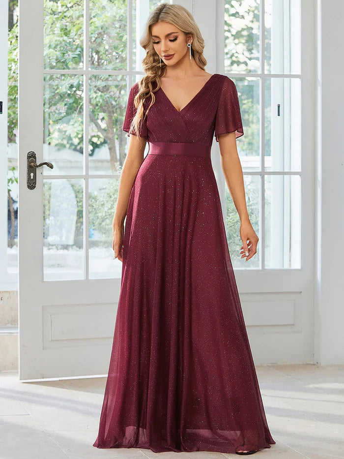 Funkelndes A-Linien-Abendkleid mit V-Ausschnitt und Schleife in der Taille 
