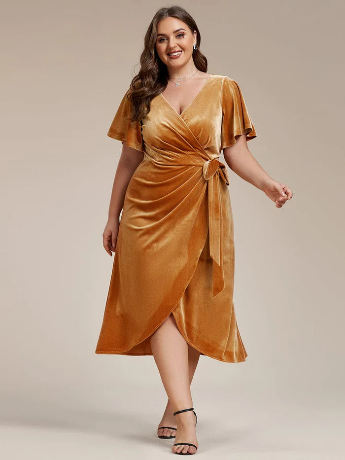 Plus Size V-Ausschnitt Rüschenärmel Samt Einteiler Kleid für Hochzeitsgäste 