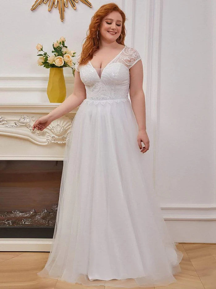 Robe de mariée décontractée grande taille en dentelle à manches courtes et appliques