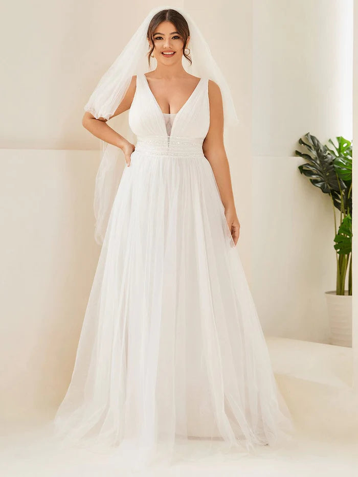 Ärmelloses A-Linien-Brautkleid mit Empire-Taille und Spitze in Übergröße 