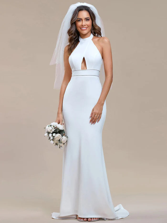 Neckholder-Brautkleid mit Hohlsaum und ärmelloser Taillendetail-Meerjungfrauen-Brautkleid 