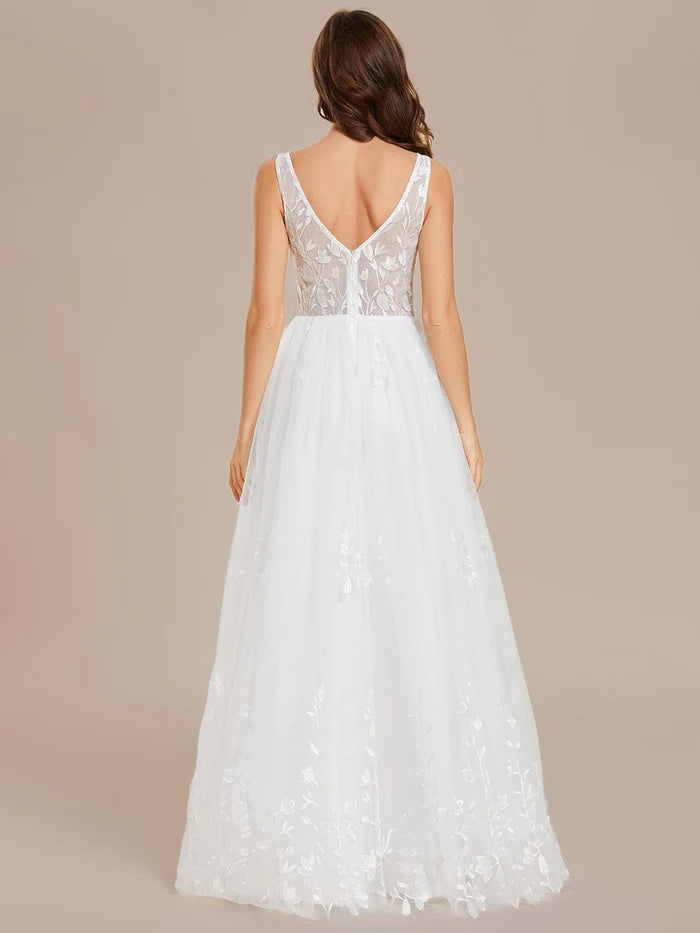 Robe de mariée trapèze sans manches, col en V, en tulle brodé avec appliques