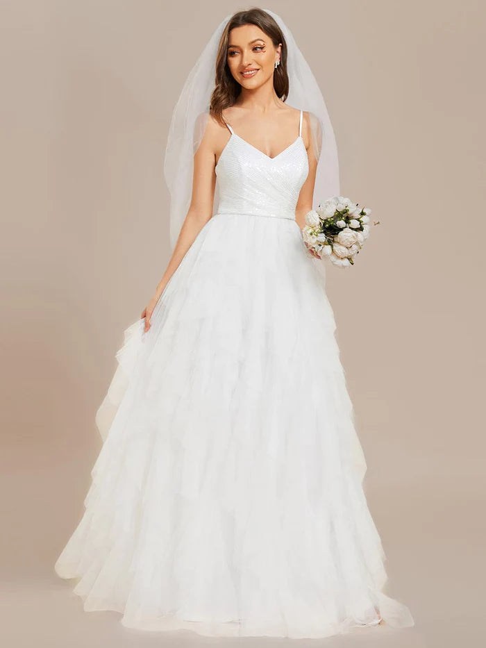 Robe de mariée scintillante en tulle à bretelles spaghetti et col en V 