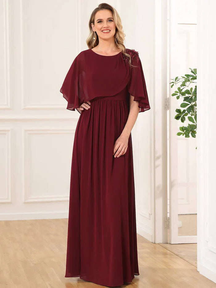 Robe de mère de la mariée en mousseline de soie à col ras du cou et coupe trapèze 