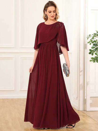 Crew neck A-Line Chiffon Cape Mother of the Bride Dress
