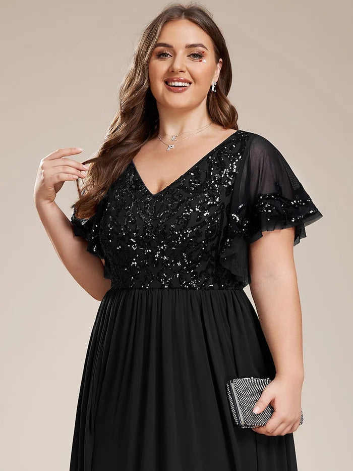 Kleid für die Brautmutter in Übergröße mit V-Ausschnitt und kurzen Ärmeln und Pailletten 