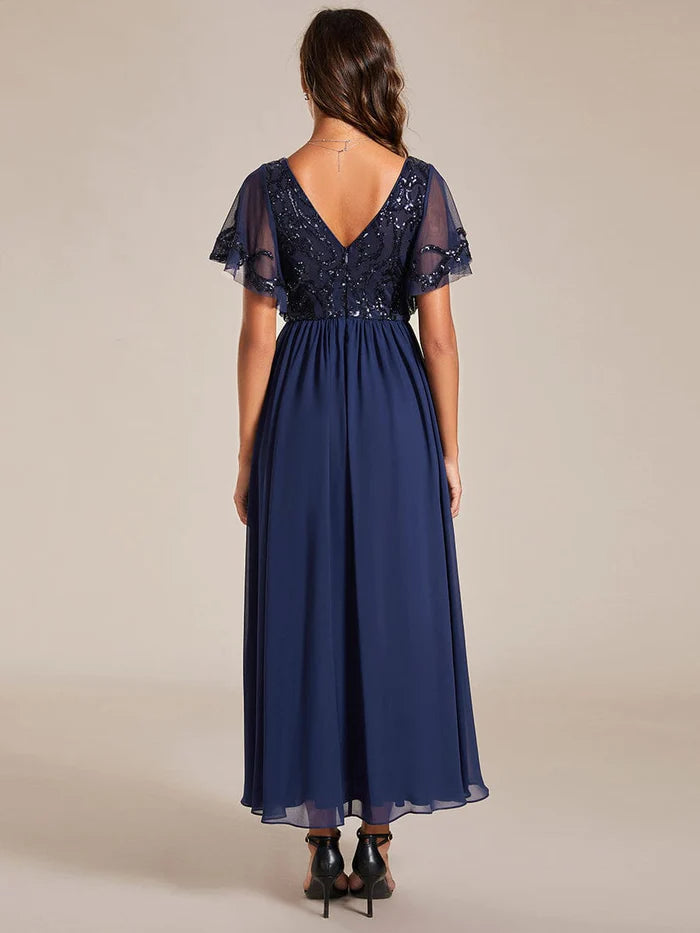 Kurzärmliges A-Linien-Kleid aus Chiffon mit Pailletten und V-Ausschnitt für die Brautmutter 